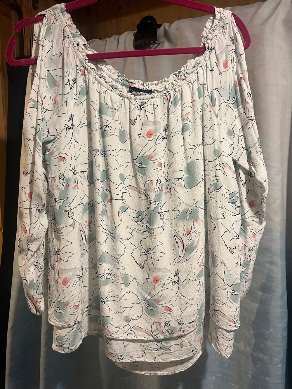 Sanctuary White Off-Shoulder Floral Tunic with Mint & Coral Accents